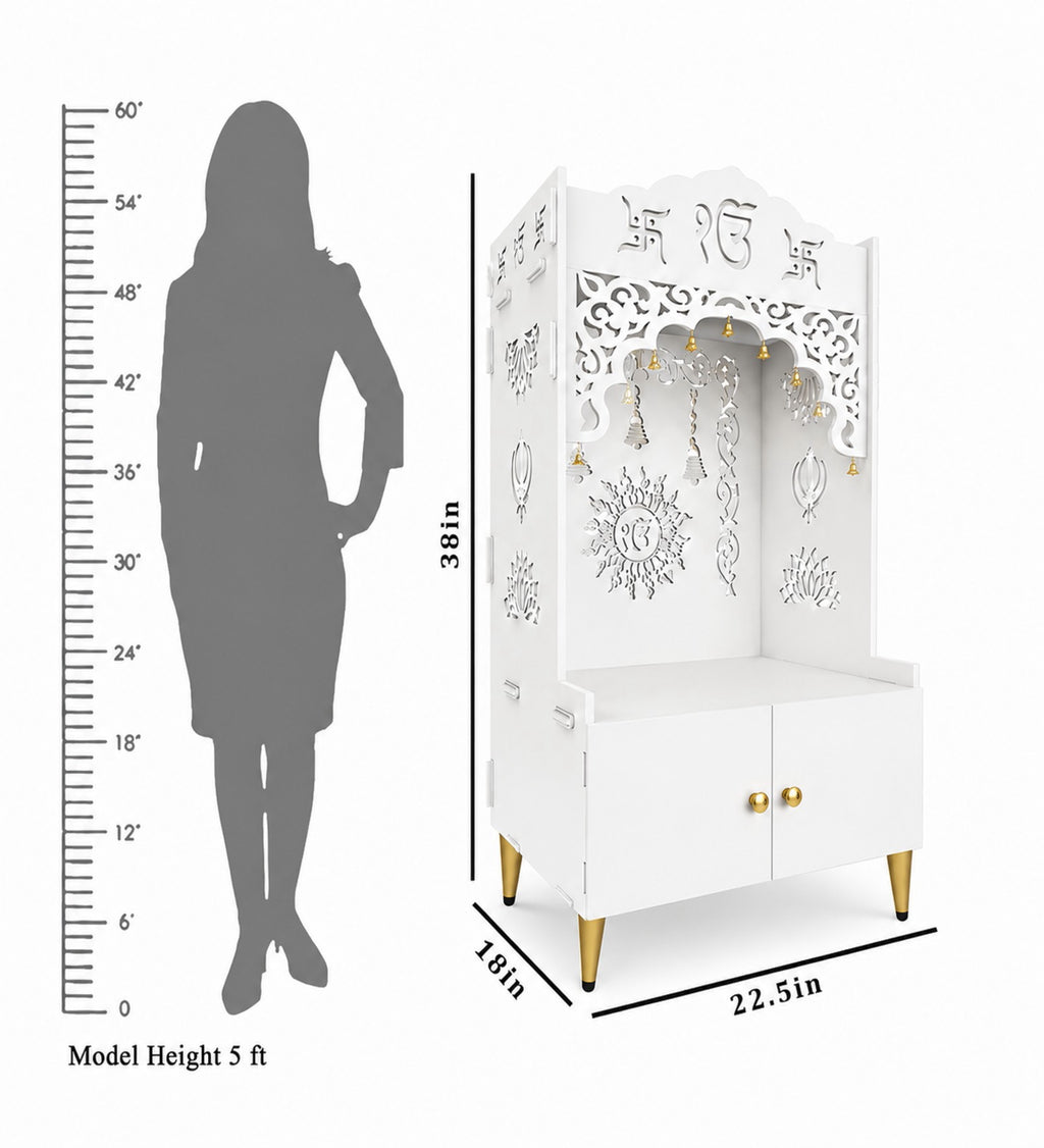 White Wooden Floor Pooja Mandir with Ik Onkar & Swastik Design Ornate Arch Laser-Cut Bell Motifs &Cabinet