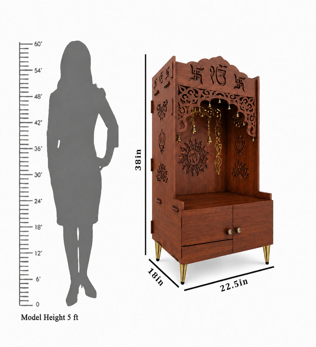 White Wooden Floor Pooja Mandir with Ik Onkar & Swastik Design Ornate Arch Laser-Cut Bell Motifs &Cabinet