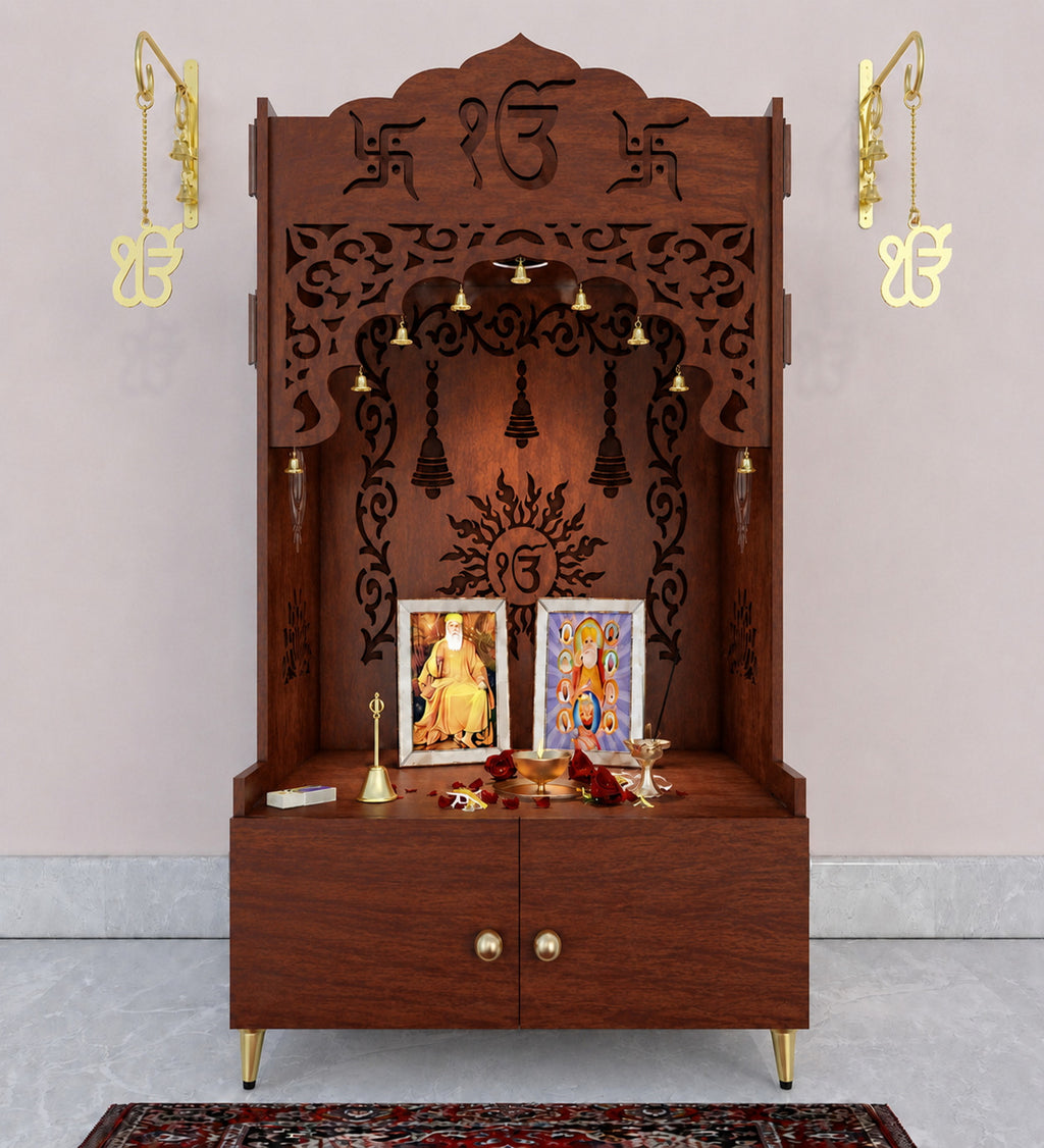 White Wooden Floor Pooja Mandir with Ik Onkar & Swastik Design Ornate Arch Laser-Cut Bell Motifs &Cabinet