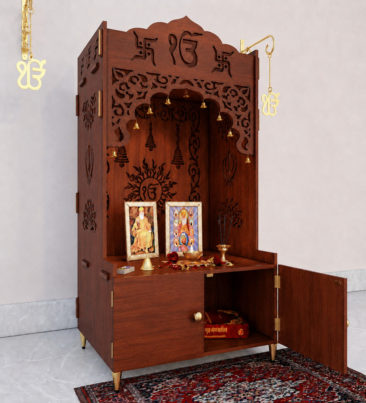 White Wooden Floor Pooja Mandir with Ik Onkar & Swastik Design Ornate Arch Laser-Cut Bell Motifs &Cabinet