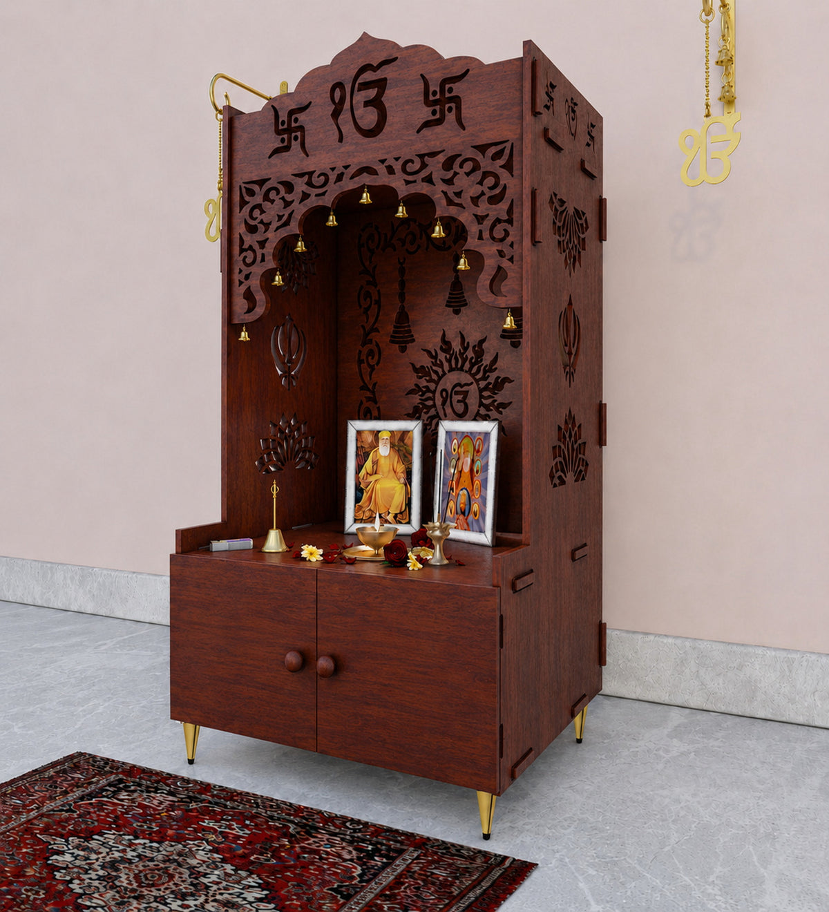 White Wooden Floor Pooja Mandir with Ik Onkar & Swastik Design Ornate Arch Laser-Cut Bell Motifs &Cabinet
