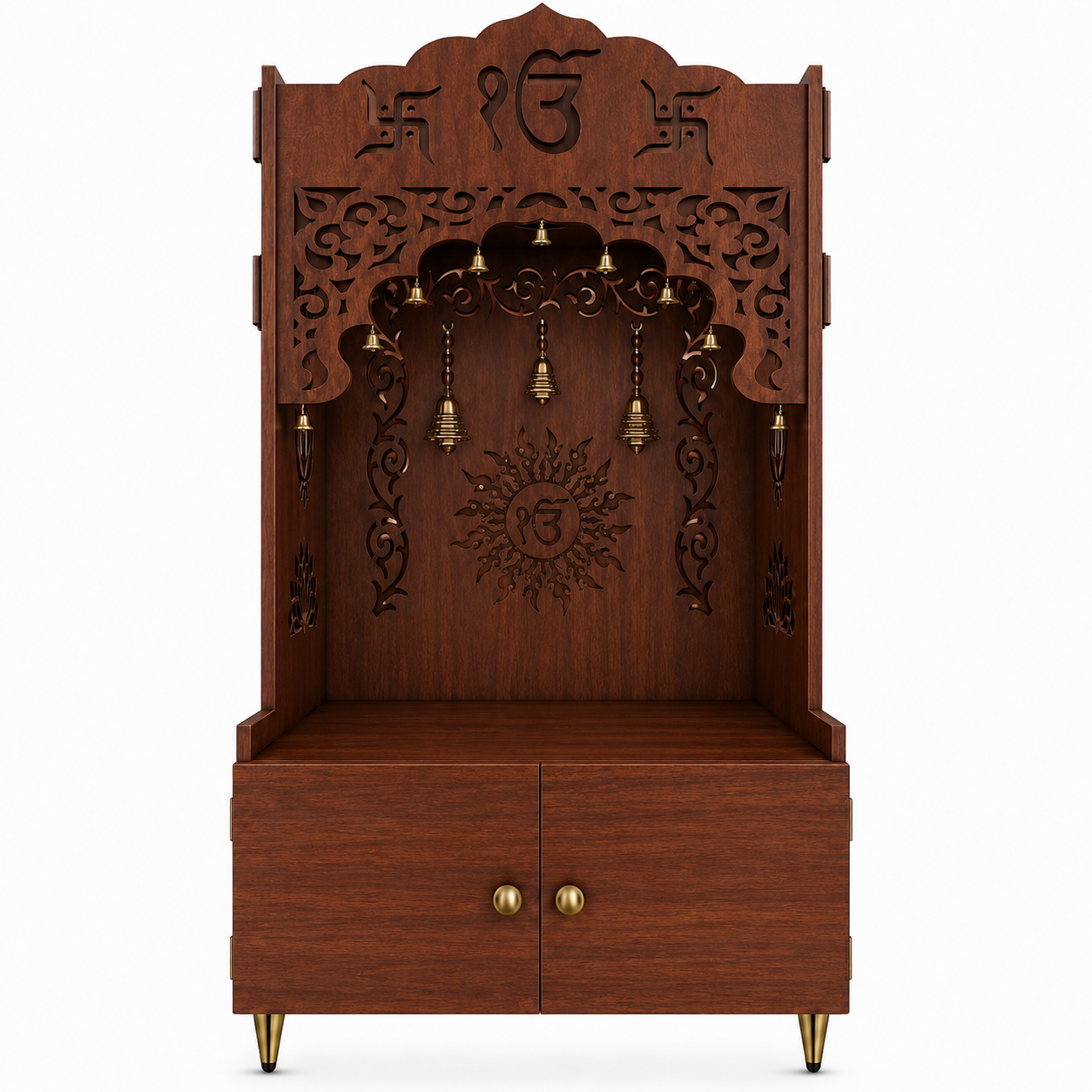 White Wooden Floor Pooja Mandir with Ik Onkar & Swastik Design Ornate Arch Laser-Cut Bell Motifs &Cabinet