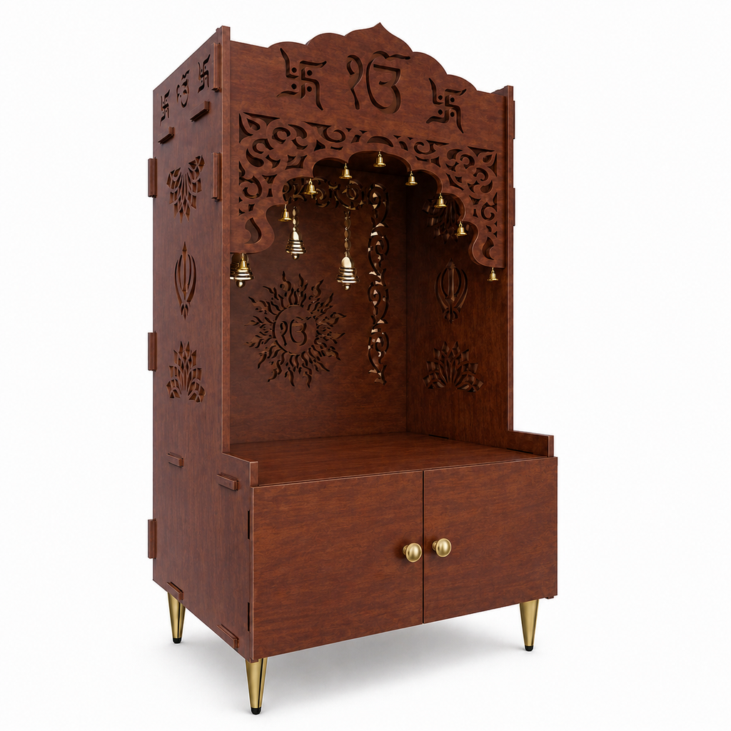 White Wooden Floor Pooja Mandir with Ik Onkar & Swastik Design Ornate Arch Laser-Cut Bell Motifs &Cabinet