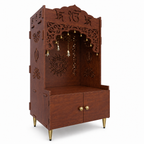 White Wooden Floor Pooja Mandir with Ik Onkar & Swastik Design Ornate Arch Laser-Cut Bell Motifs &Cabinet