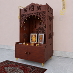 White Wooden Floor Pooja Mandir with Ik Onkar & Swastik Design Ornate Arch Laser-Cut Bell Motifs &Cabinet