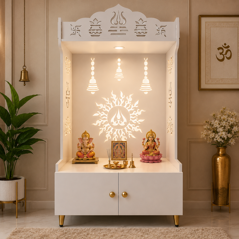 Brown Wooden Floor Pooja Mandir with Trishul & Kalash Design Laser-Cut Bell & Sun Motif Back Panel & Storage Cabinet