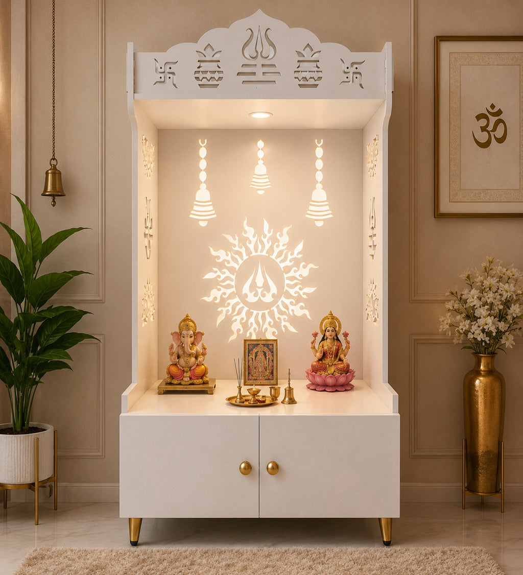 Brown Wooden Floor Pooja Mandir with Trishul & Kalash Design Laser-Cut Bell & Sun Motif Back Panel & Storage Cabinet