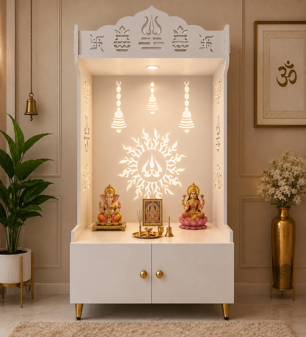 Brown Wooden Floor Pooja Mandir with Trishul & Kalash Design Laser-Cut Bell & Sun Motif Back Panel & Storage Cabinet