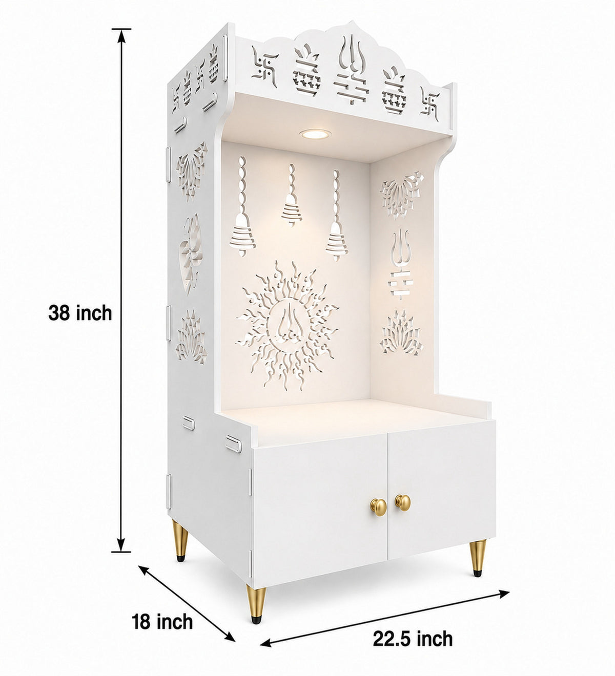Brown Wooden Floor Pooja Mandir with Trishul & Kalash Design Laser-Cut Bell & Sun Motif Back Panel & Storage Cabinet