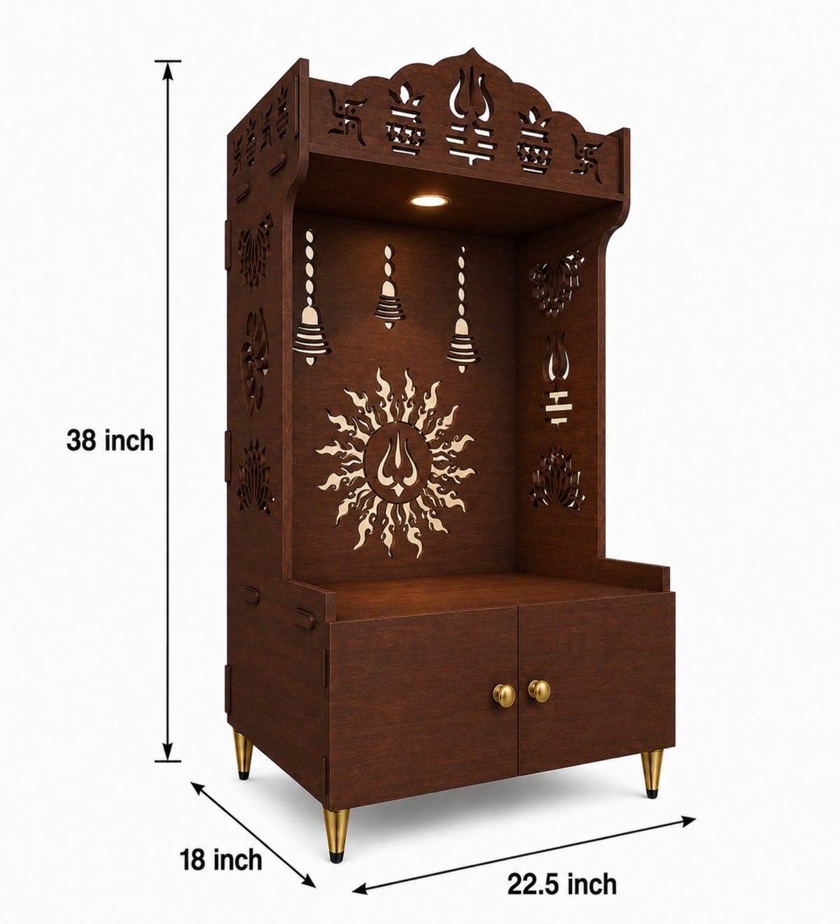 Brown Wooden Floor Pooja Mandir with Trishul & Kalash Design Laser-Cut Bell & Sun Motif Back Panel & Storage Cabinet