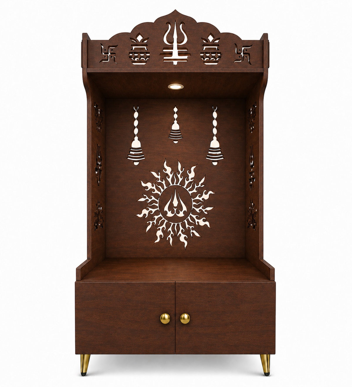 Brown Wooden Floor Pooja Mandir with Trishul & Kalash Design Laser-Cut Bell & Sun Motif Back Panel & Storage Cabinet