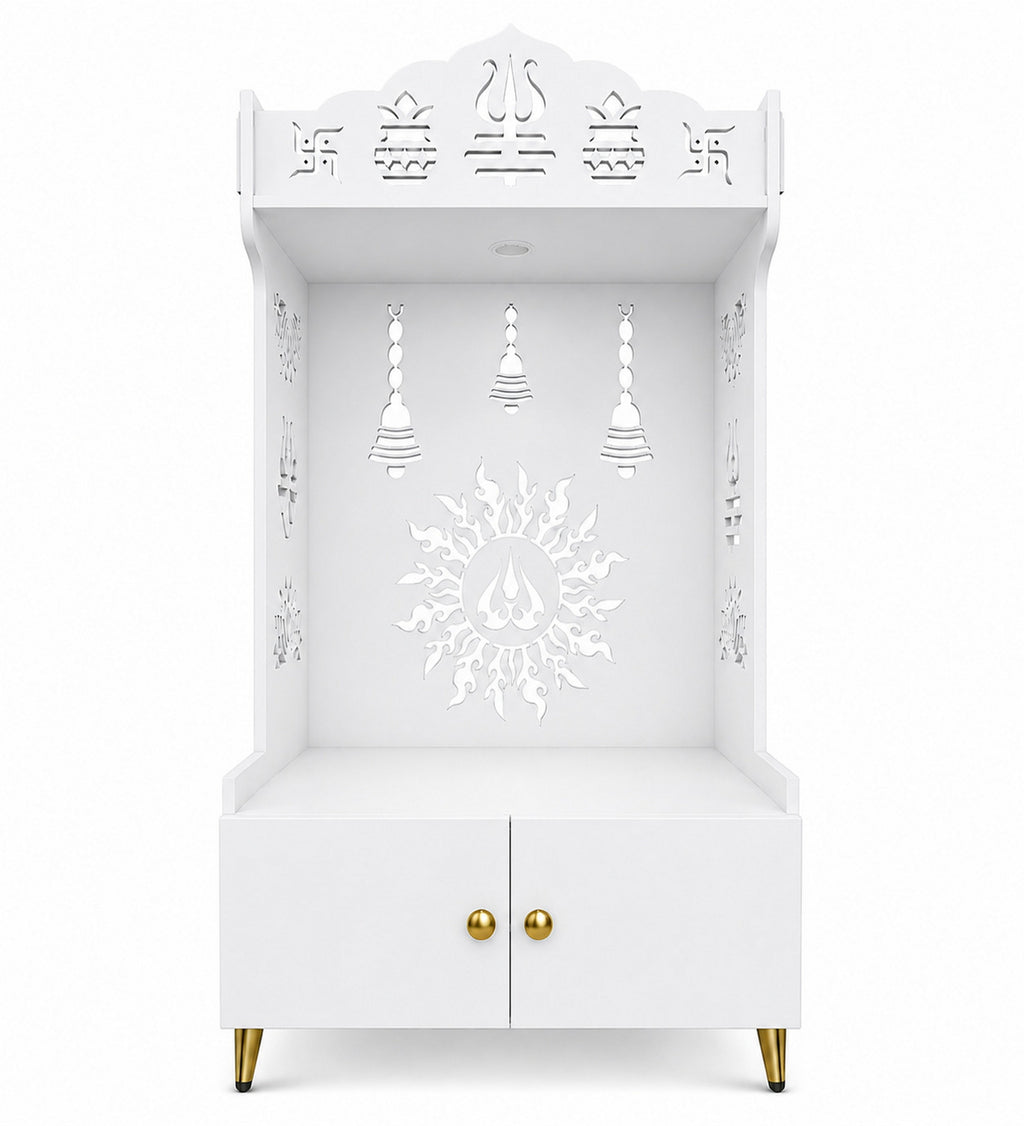 Brown Wooden Floor Pooja Mandir with Trishul & Kalash Design Laser-Cut Bell & Sun Motif Back Panel & Storage Cabinet