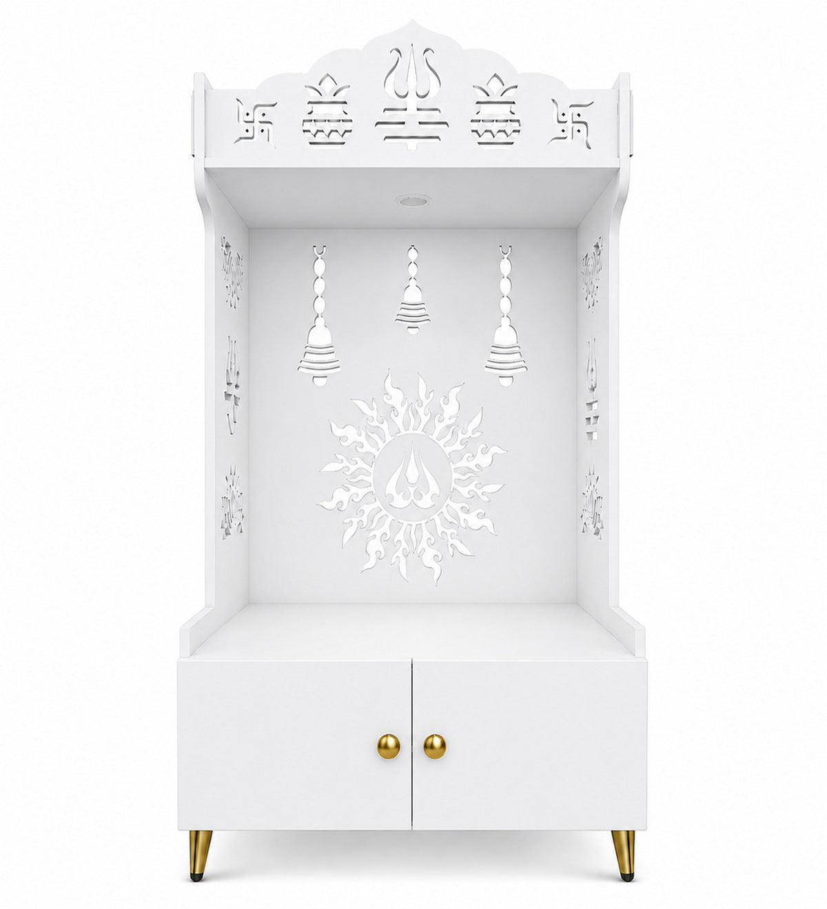 Brown Wooden Floor Pooja Mandir with Trishul & Kalash Design Laser-Cut Bell & Sun Motif Back Panel & Storage Cabinet