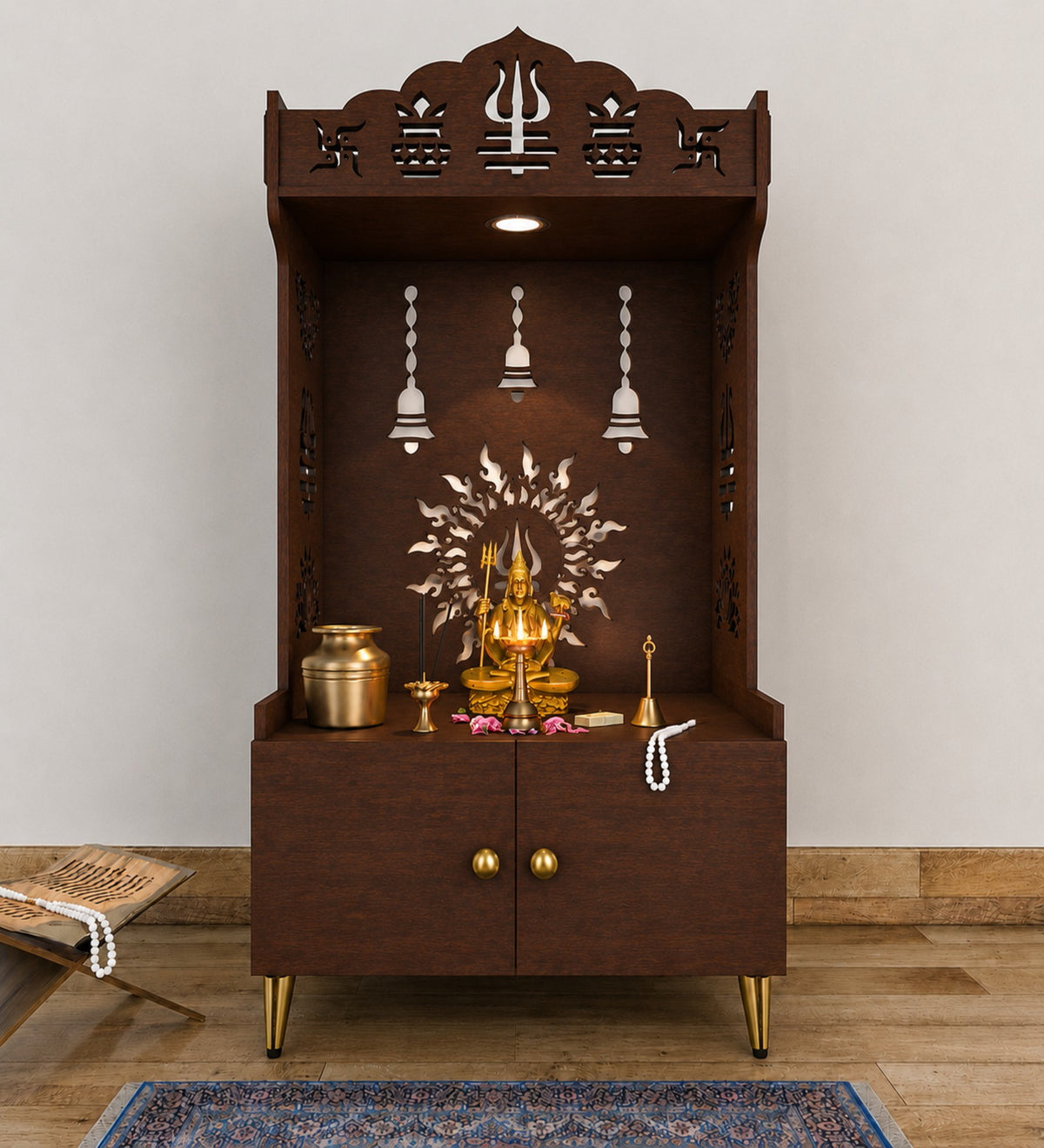 Brown Wooden Floor Pooja Mandir with Trishul & Kalash Design Laser-Cut Bell & Sun Motif Back Panel & Storage Cabinet