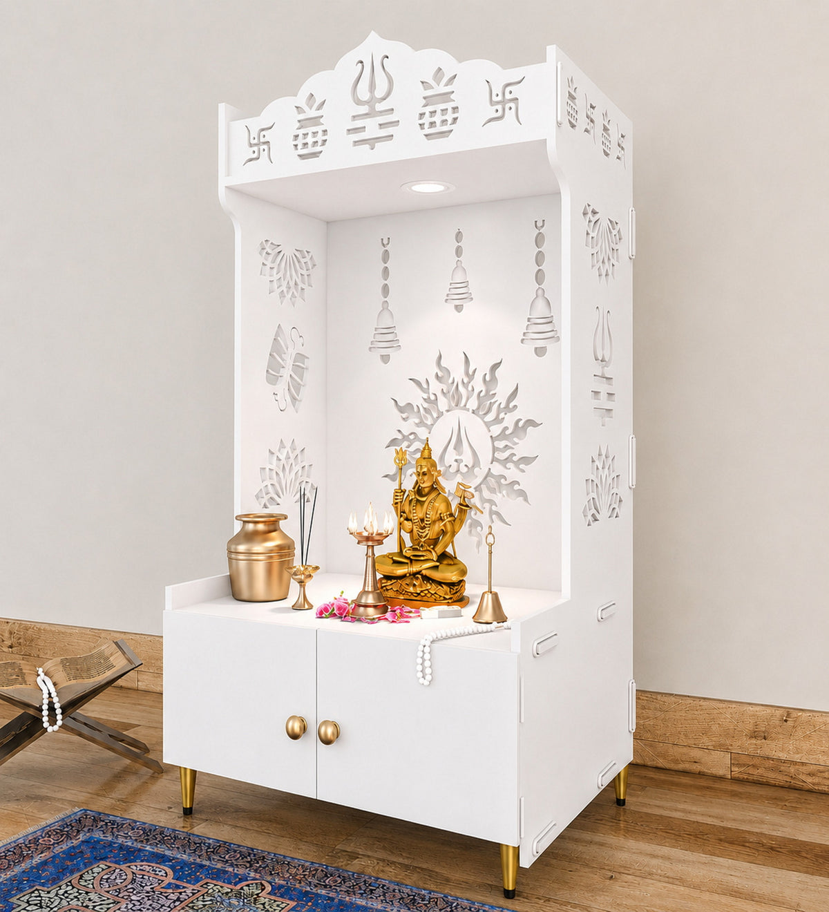 Brown Wooden Floor Pooja Mandir with Trishul & Kalash Design Laser-Cut Bell & Sun Motif Back Panel & Storage Cabinet