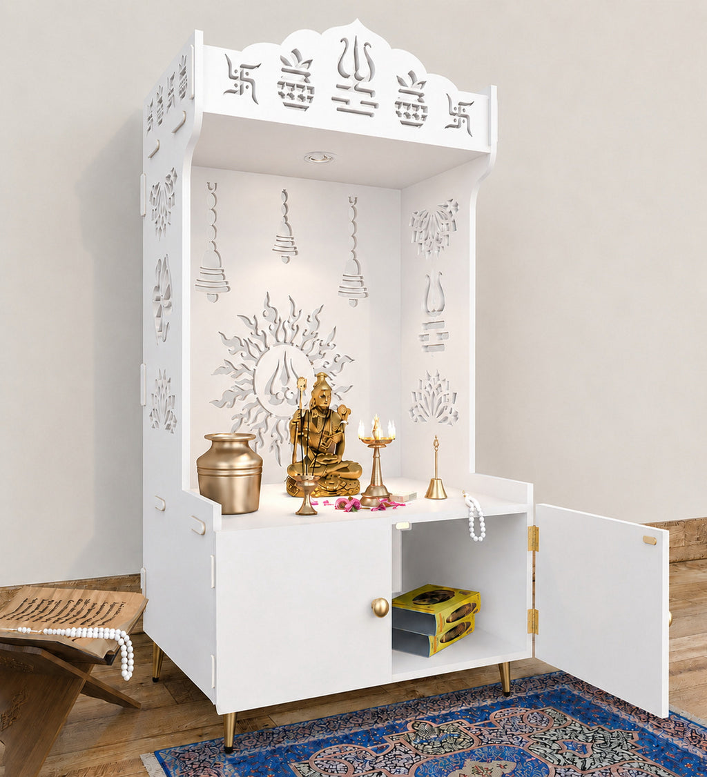 Brown Wooden Floor Pooja Mandir with Trishul & Kalash Design Laser-Cut Bell & Sun Motif Back Panel & Storage Cabinet