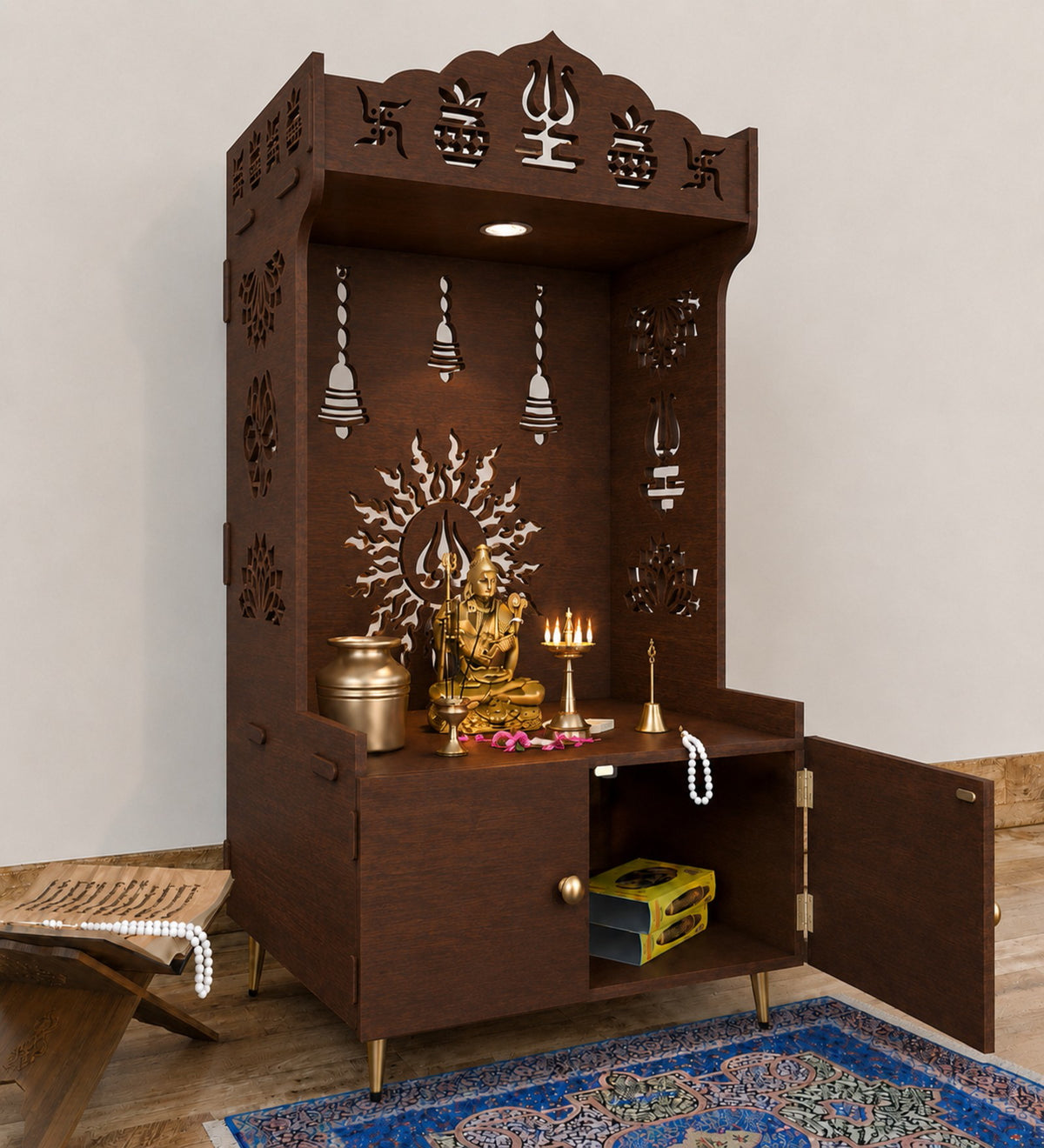 Brown Wooden Floor Pooja Mandir with Trishul & Kalash Design Laser-Cut Bell & Sun Motif Back Panel & Storage Cabinet
