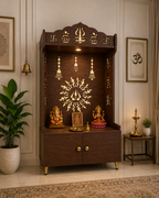 Brown Wooden Floor Pooja Mandir with Trishul & Kalash Design Laser-Cut Bell & Sun Motif Back Panel & Storage Cabinet
