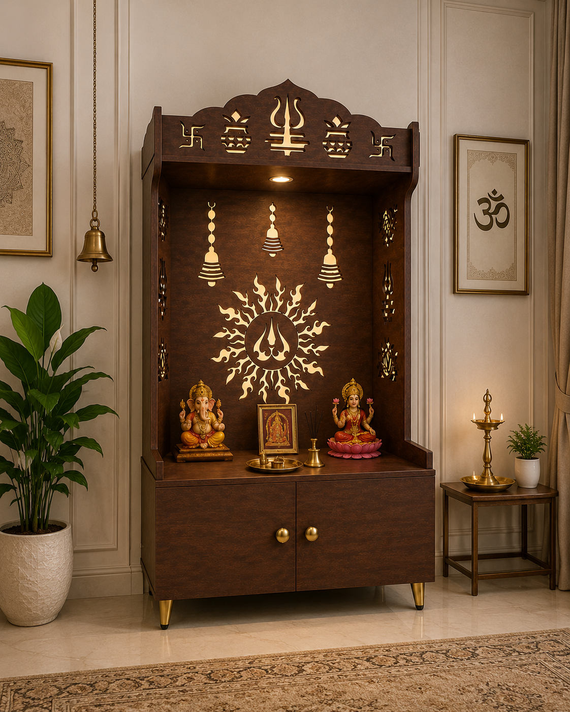 Brown Wooden Floor Pooja Mandir with Trishul & Kalash Design Laser-Cut Bell & Sun Motif Back Panel & Storage Cabinet