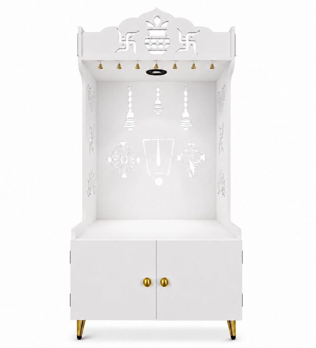 White Wooden Floor Pooja Mandir with Kalash & Swastik Design Laser-Cut Bell Shankh & Chakra Motifs & Storage Cabinet