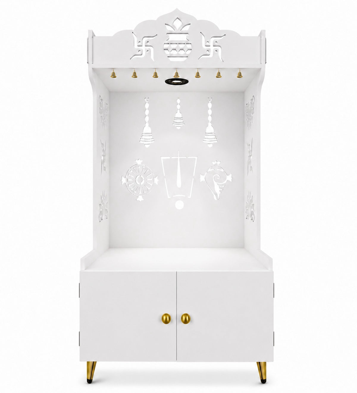 White Wooden Floor Pooja Mandir with Kalash & Swastik Design Laser-Cut Bell Shankh & Chakra Motifs & Storage Cabinet