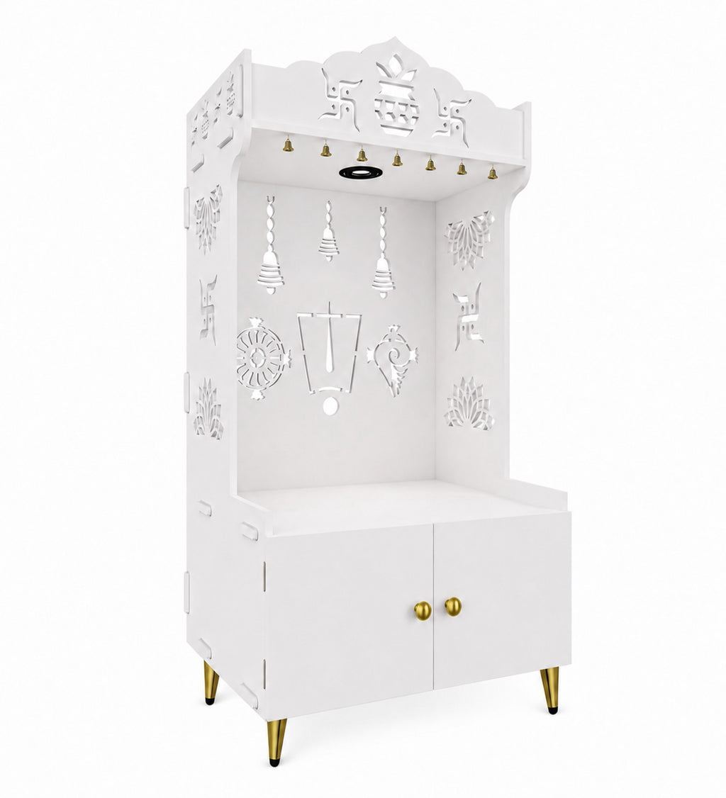 White Wooden Floor Pooja Mandir with Kalash & Swastik Design Laser-Cut Bell Shankh & Chakra Motifs & Storage Cabinet
