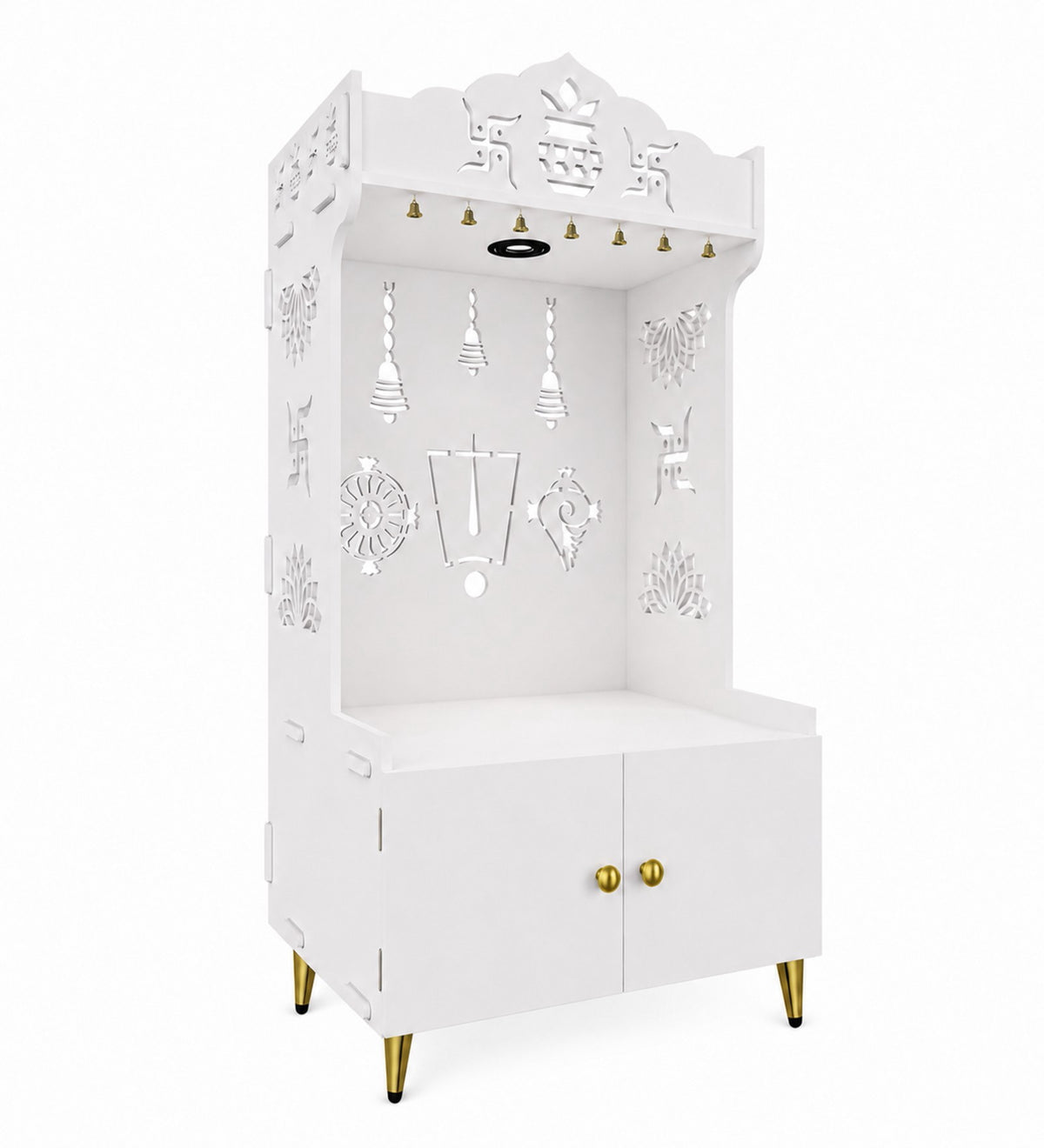 White Wooden Floor Pooja Mandir with Kalash & Swastik Design Laser-Cut Bell Shankh & Chakra Motifs & Storage Cabinet