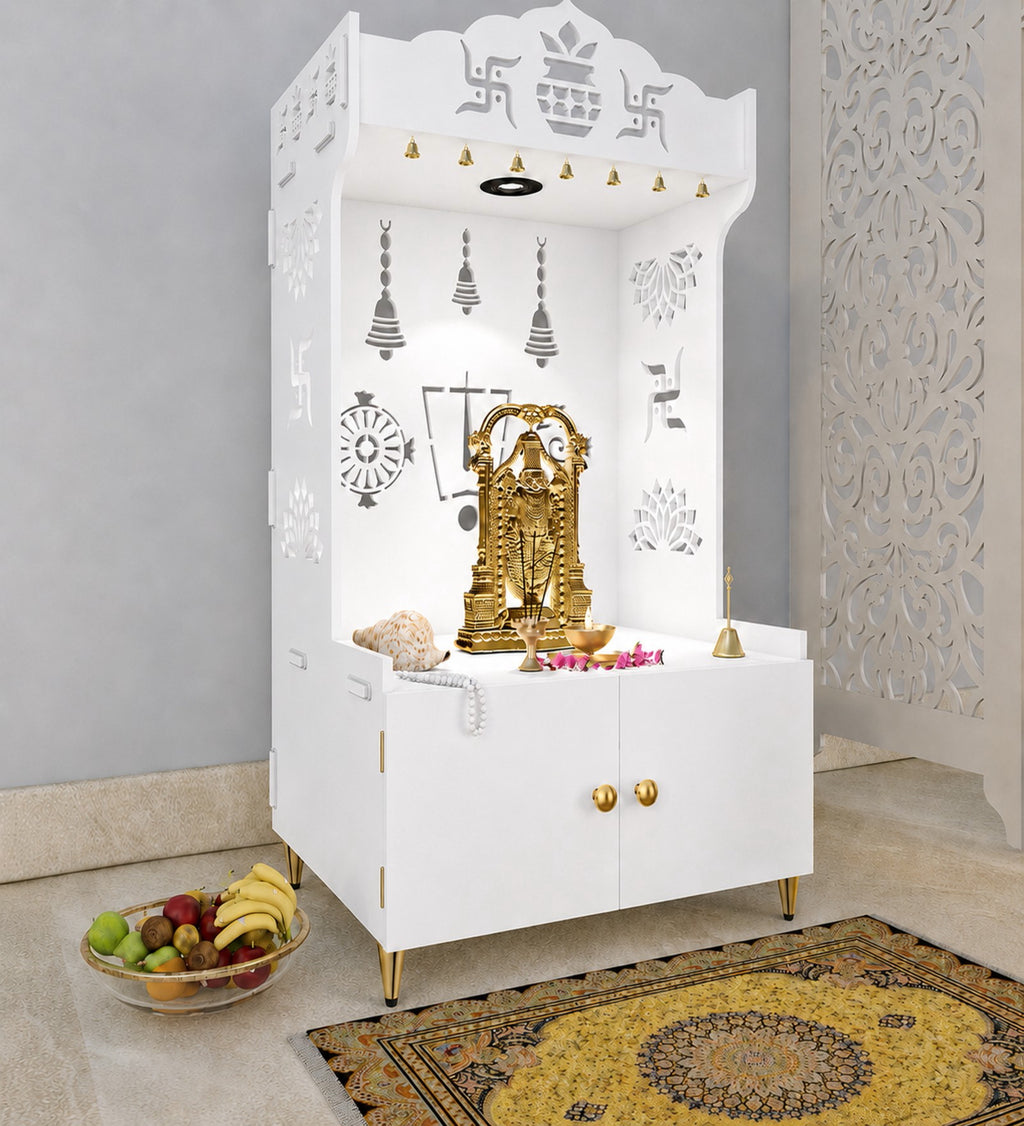 White Wooden Floor Pooja Mandir with Kalash & Swastik Design Laser-Cut Bell Shankh & Chakra Motifs & Storage Cabinet