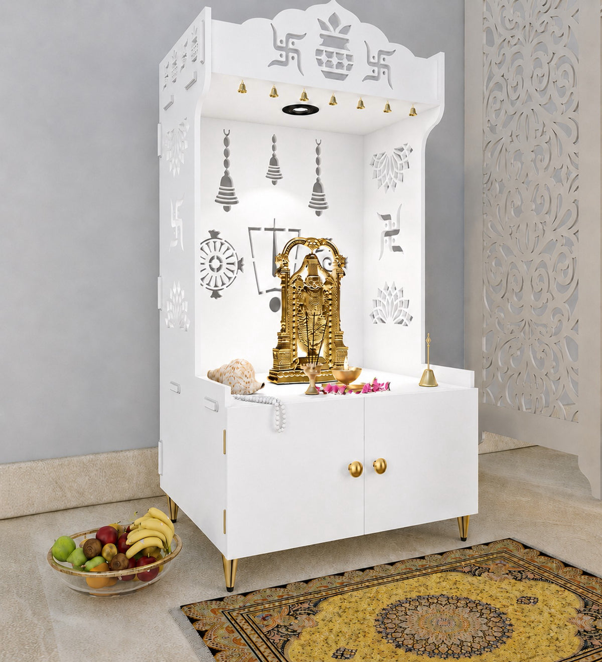 White Wooden Floor Pooja Mandir with Kalash & Swastik Design Laser-Cut Bell Shankh & Chakra Motifs & Storage Cabinet