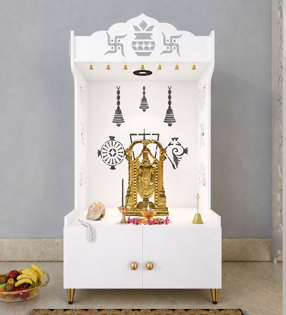 White Wooden Floor Pooja Mandir with Kalash & Swastik Design Laser-Cut Bell Shankh & Chakra Motifs & Storage Cabinet