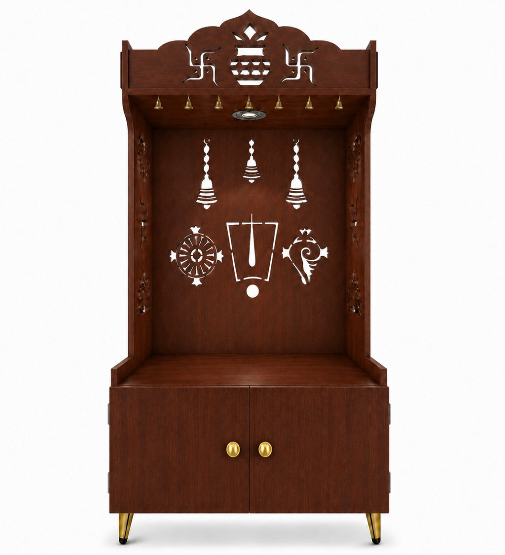 White Wooden Floor Pooja Mandir with Kalash & Swastik Design Laser-Cut Bell Shankh & Chakra Motifs & Storage Cabinet