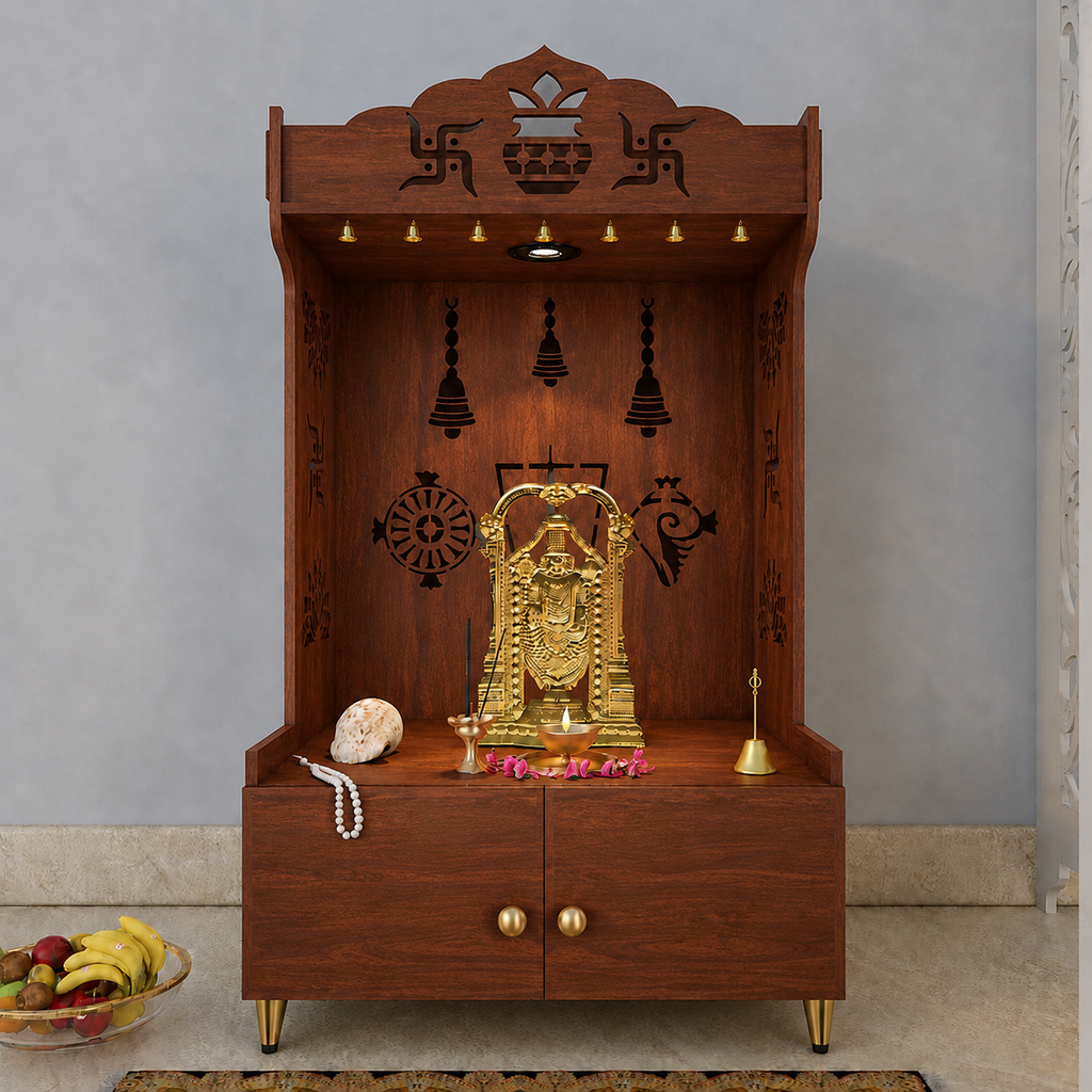 White Wooden Floor Pooja Mandir with Kalash & Swastik Design Laser-Cut Bell Shankh & Chakra Motifs & Storage Cabinet