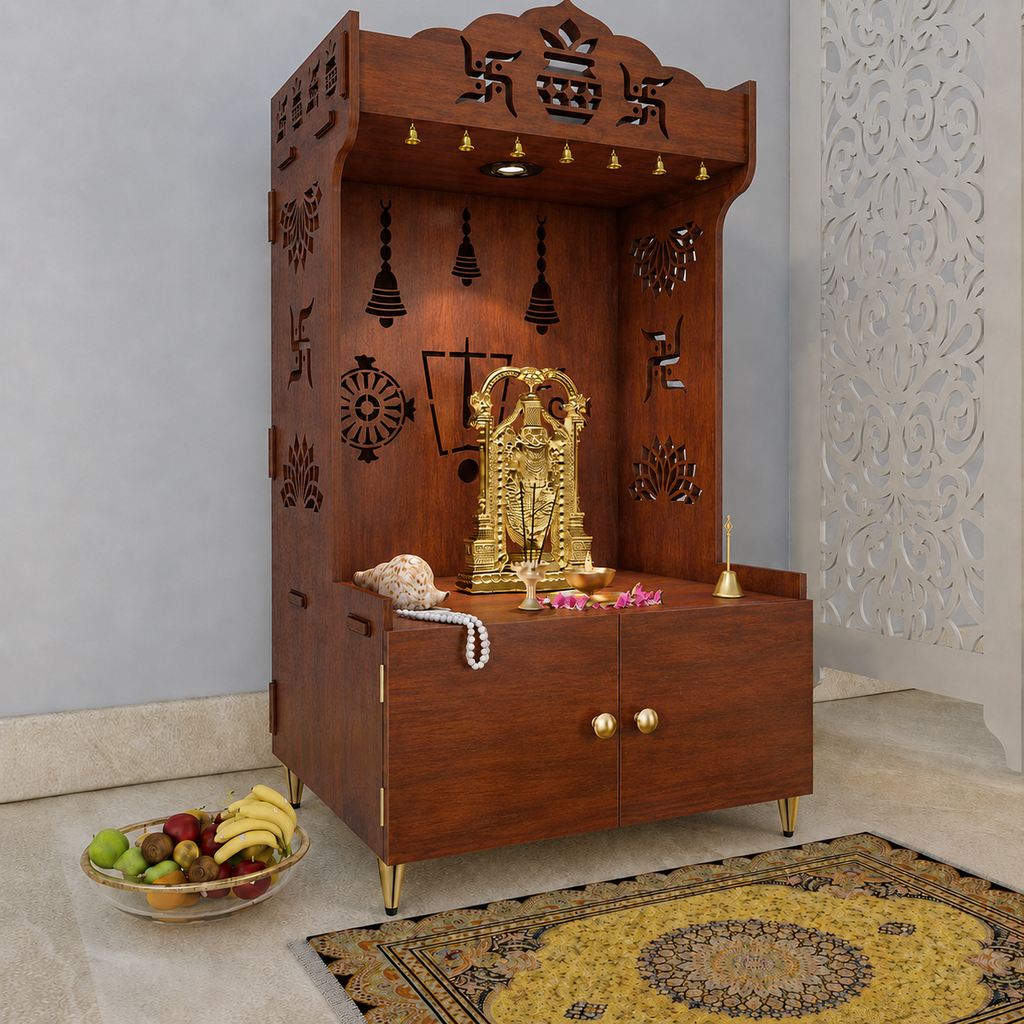 White Wooden Floor Pooja Mandir with Kalash & Swastik Design Laser-Cut Bell Shankh & Chakra Motifs & Storage Cabinet