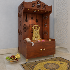 White Wooden Floor Pooja Mandir with Kalash & Swastik Design Laser-Cut Bell Shankh & Chakra Motifs & Storage Cabinet