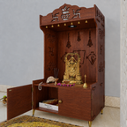 White Wooden Floor Pooja Mandir with Kalash & Swastik Design Laser-Cut Bell Shankh & Chakra Motifs & Storage Cabinet
