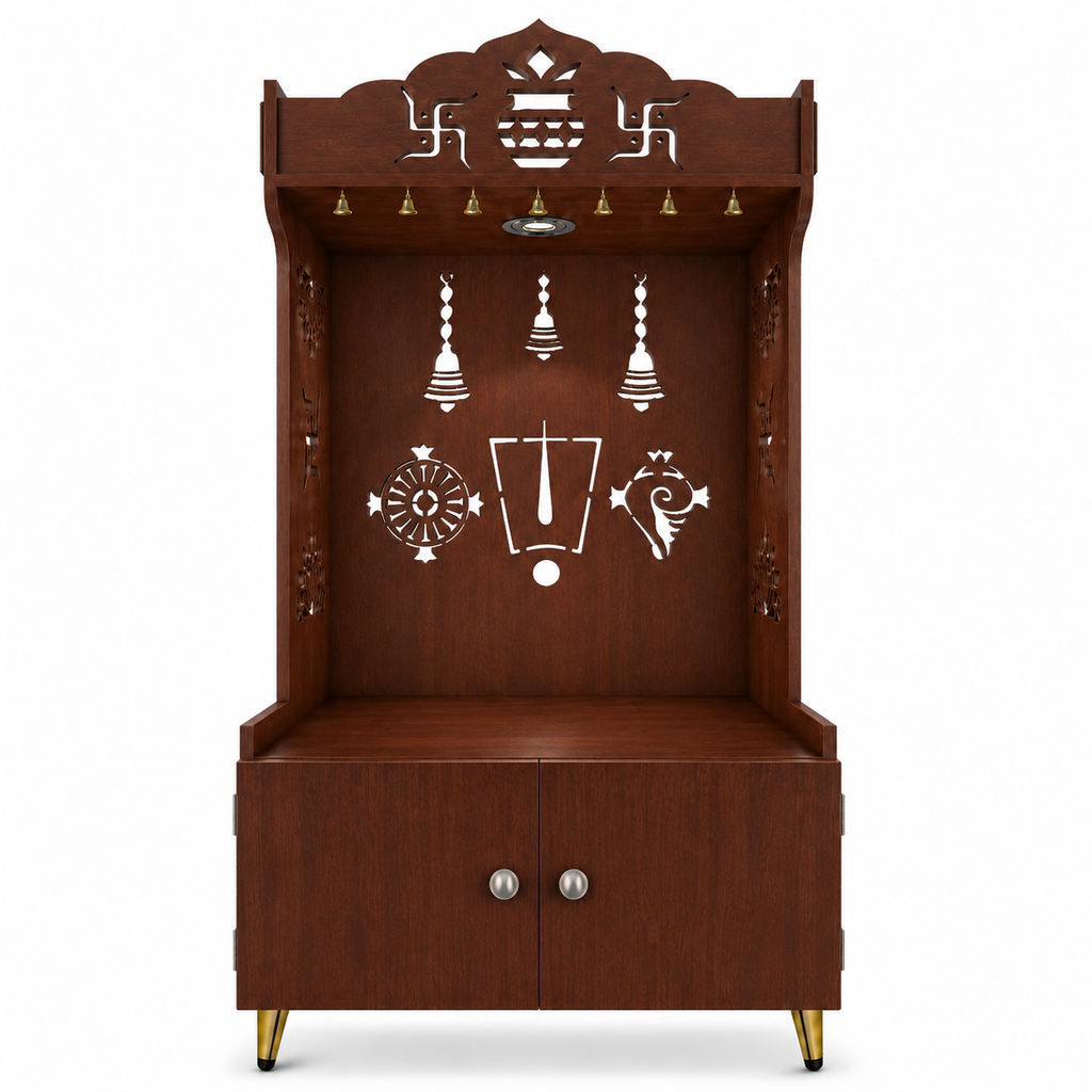 White Wooden Floor Pooja Mandir with Kalash & Swastik Design Laser-Cut Bell Shankh & Chakra Motifs & Storage Cabinet