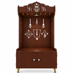 White Wooden Floor Pooja Mandir with Kalash & Swastik Design Laser-Cut Bell Shankh & Chakra Motifs & Storage Cabinet
