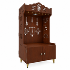 White Wooden Floor Pooja Mandir with Kalash & Swastik Design Laser-Cut Bell Shankh & Chakra Motifs & Storage Cabinet