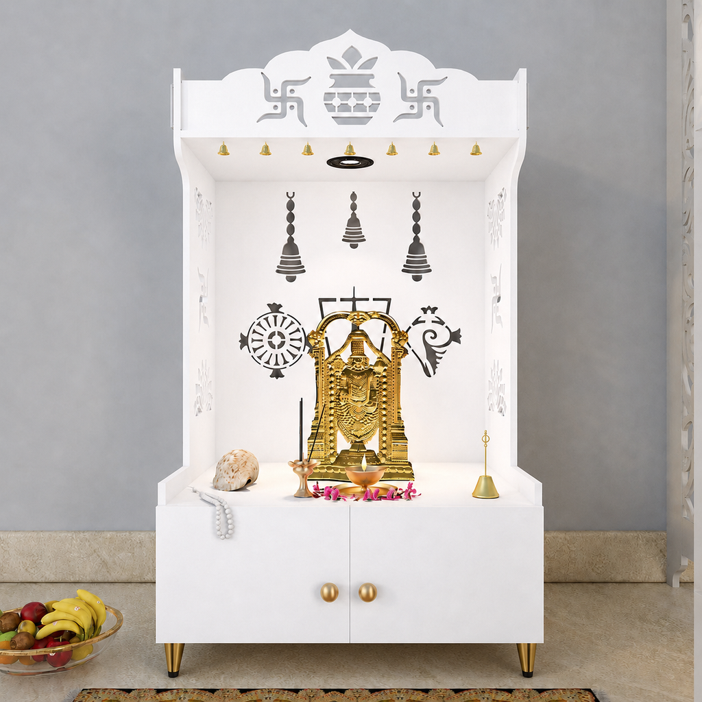 White Wooden Floor Pooja Mandir with Kalash & Swastik Design Laser-Cut Bell Shankh & Chakra Motifs & Storage Cabinet