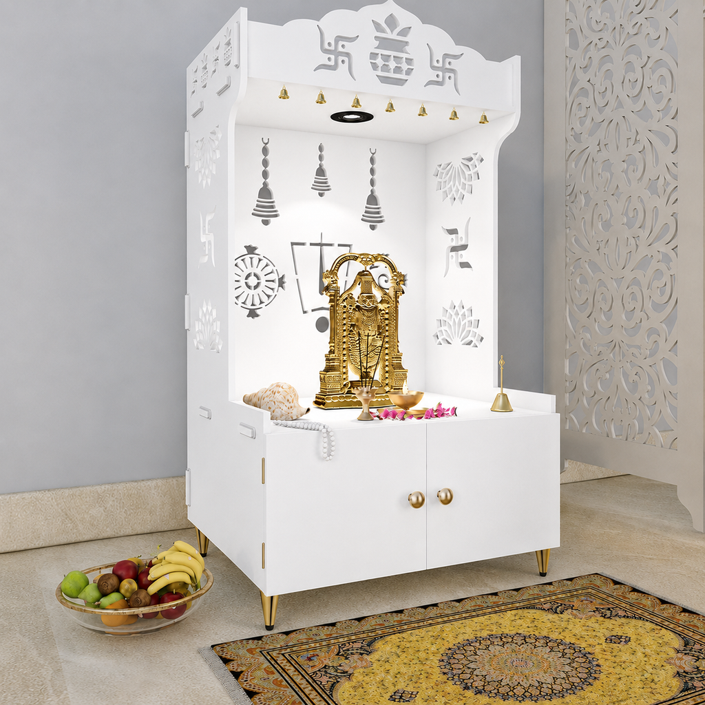 White Wooden Floor Pooja Mandir with Kalash & Swastik Design Laser-Cut Bell Shankh & Chakra Motifs & Storage Cabinet
