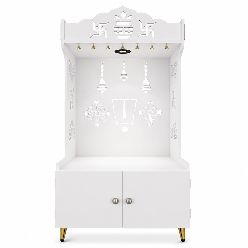 White Wooden Floor Pooja Mandir with Kalash & Swastik Design Laser-Cut Bell Shankh & Chakra Motifs & Storage Cabinet