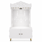 White Wooden Floor Pooja Mandir with Kalash & Swastik Design Laser-Cut Bell Shankh & Chakra Motifs & Storage Cabinet