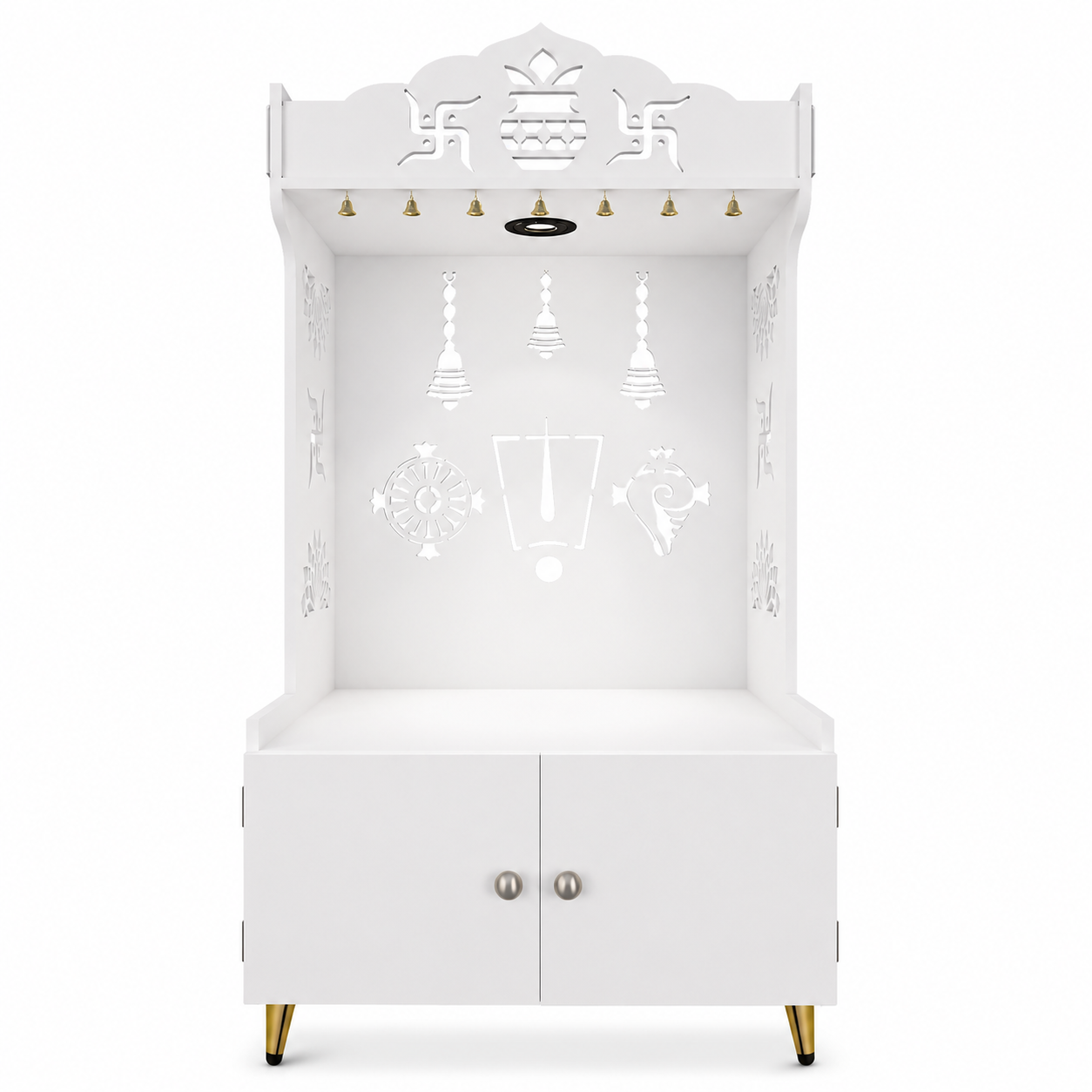 White Wooden Floor Pooja Mandir with Kalash & Swastik Design Laser-Cut Bell Shankh & Chakra Motifs & Storage Cabinet