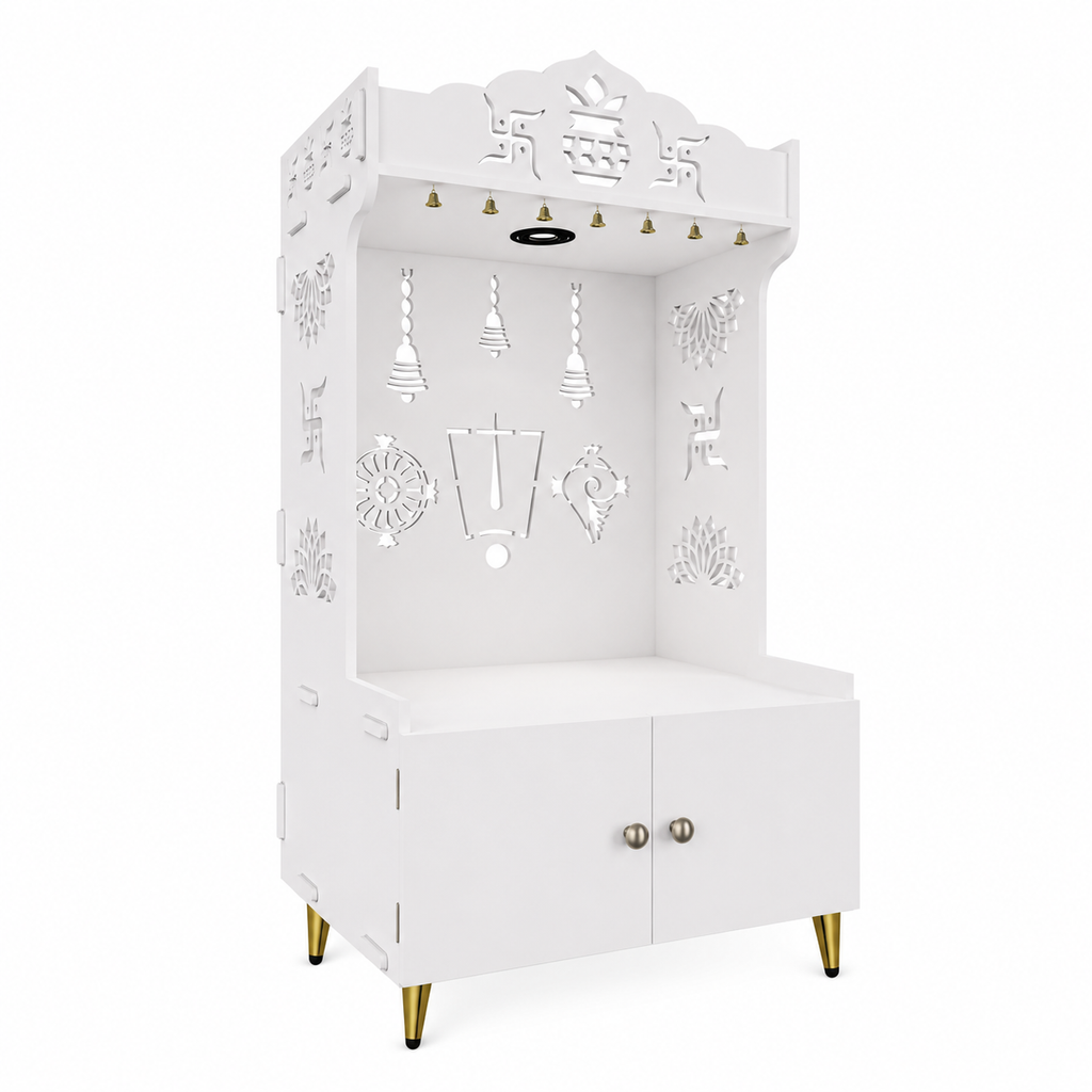 White Wooden Floor Pooja Mandir with Kalash & Swastik Design Laser-Cut Bell Shankh & Chakra Motifs & Storage Cabinet