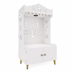White Wooden Floor Pooja Mandir with Kalash & Swastik Design Laser-Cut Bell Shankh & Chakra Motifs & Storage Cabinet