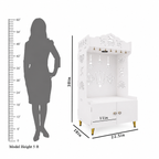 White Wooden Floor Pooja Mandir with Kalash & Swastik Design Laser-Cut Bell Shankh & Chakra Motifs & Storage Cabinet