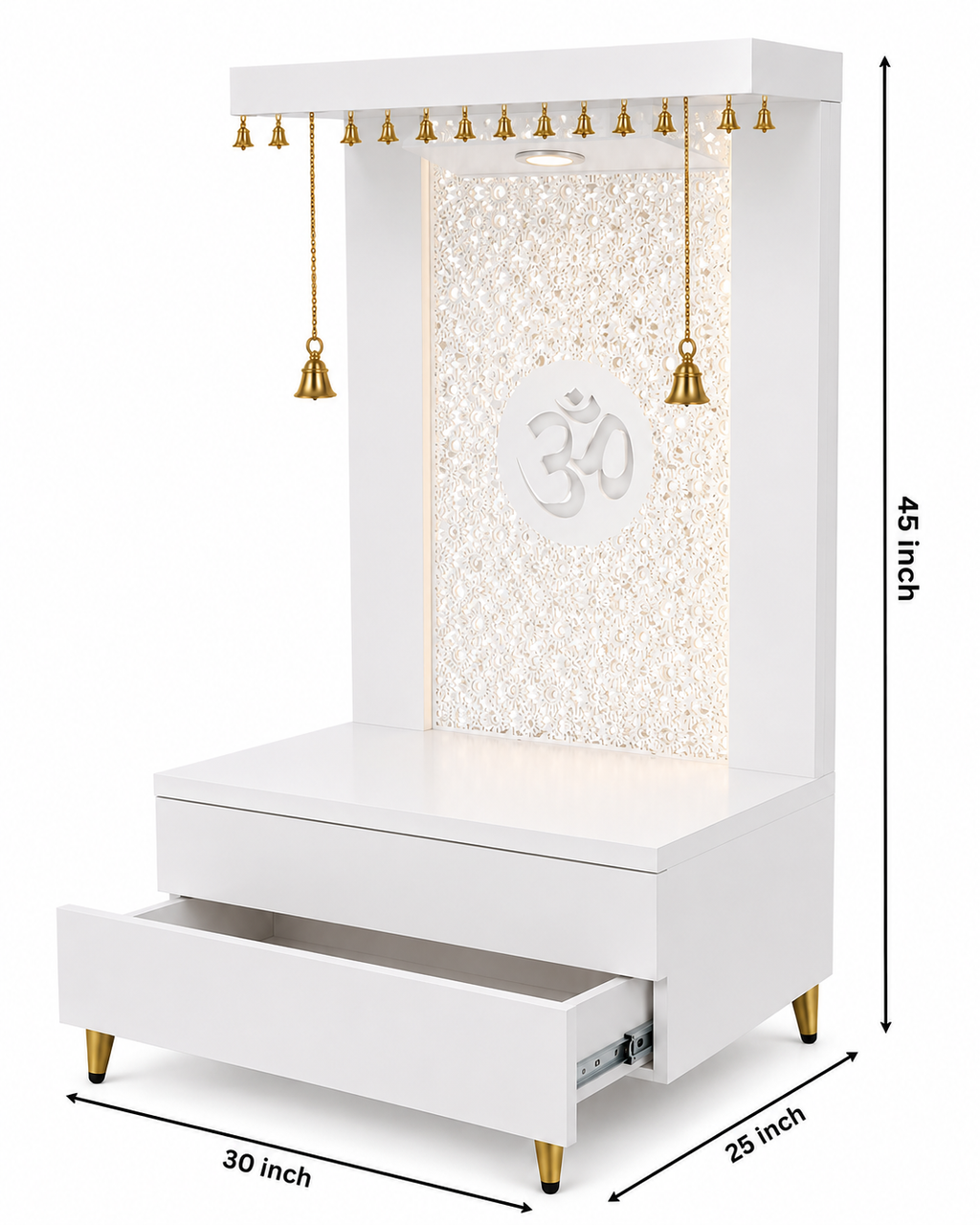 Elegant Wooden Temple with Om Cutwork and Dual Storage Drawers