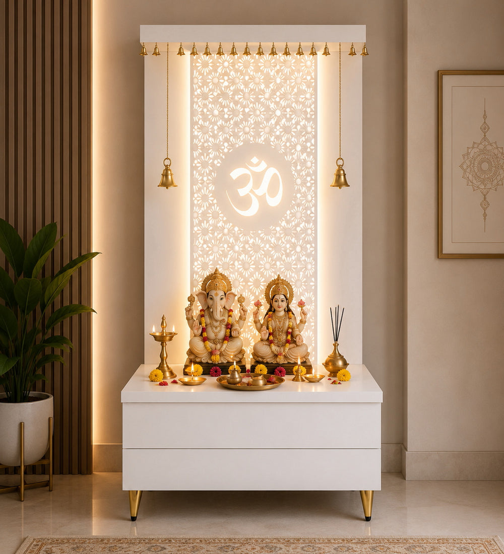 Elegant Wooden Temple with Om Cutwork and Dual Storage Drawers