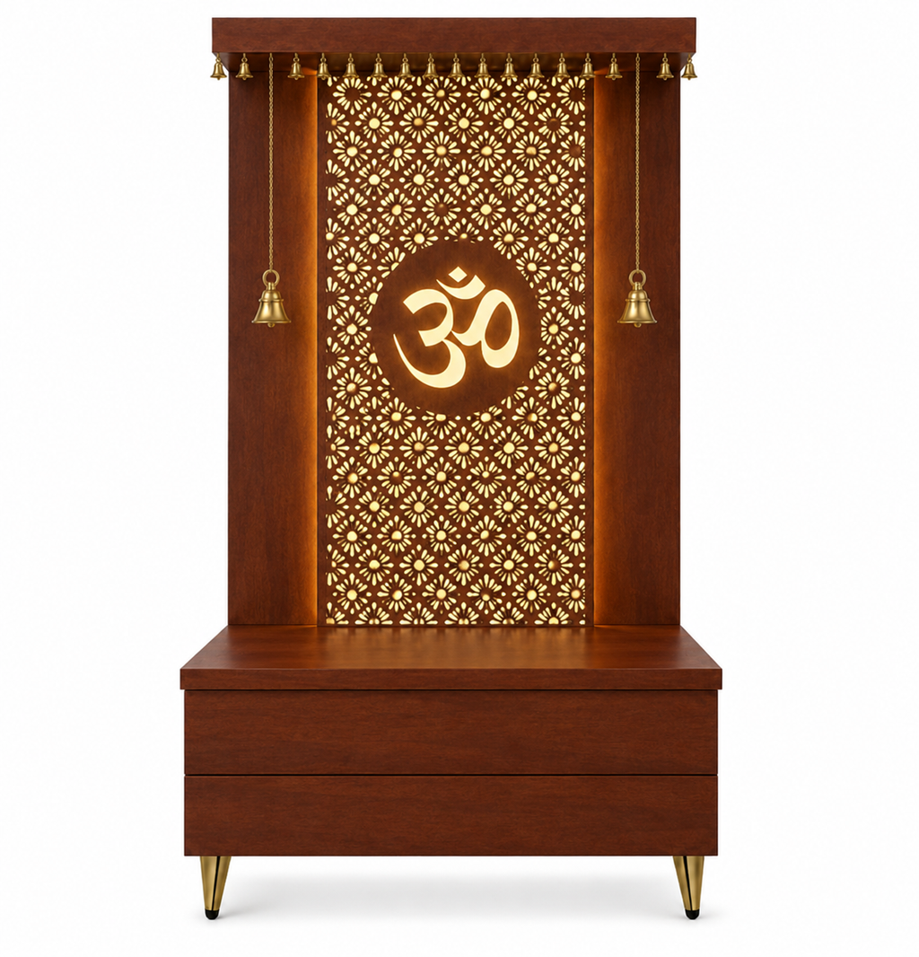 Elegant Wooden Temple with Om Cutwork and Dual Storage Drawers