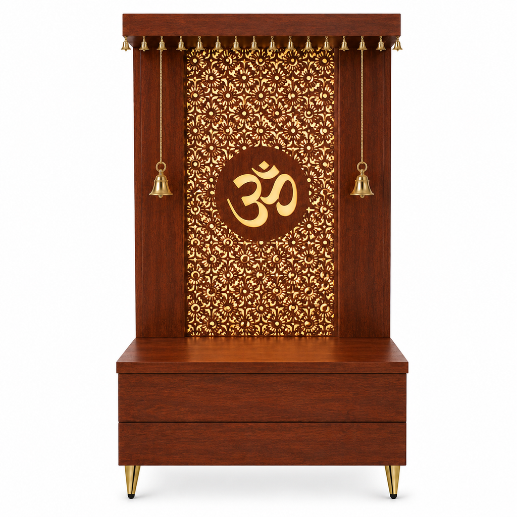 Elegant Wooden Temple with Om Cutwork and Dual Storage Drawers